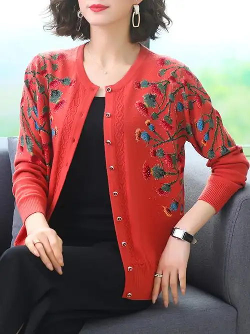 妈妈春秋装印花短款针织开衫上衣外搭洋气中老年女高贵毛衣外套薄