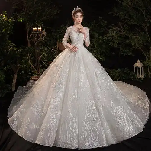 跨境货源ebay外贸婚纱礼服2021新娘长袖显瘦公主孕妇婚纱