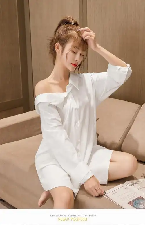 性感情趣露背中长款白衬衫睡衣女春季宽松大码薄款冰丝雪纺睡裙夏