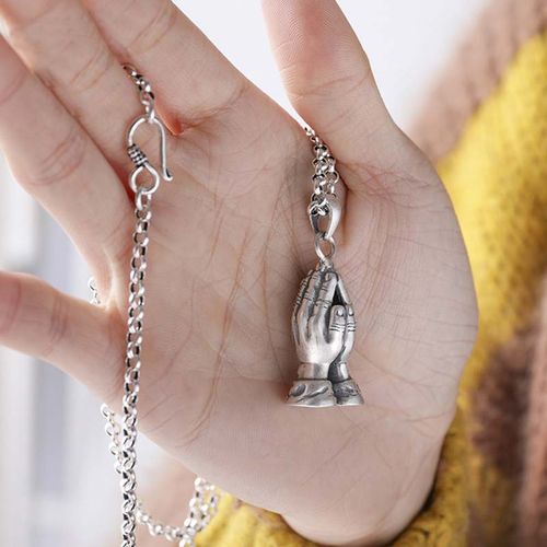 925纯银吊坠双手合十佛手复古泰银祈祷之手吊坠男女项链毛衣链