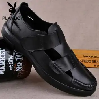 花花公子潮牌皮凉鞋男真皮夏季透气镂空休闲鞋软底包头凉鞋头层牛皮