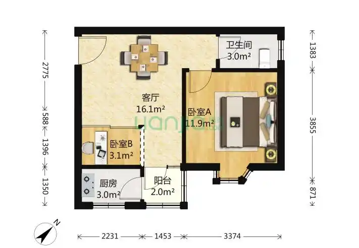 深圳天泽花园2室1厅1卫50平米户型图