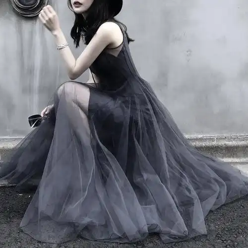 chicyou 气质灰色网纱透视立体剪裁暗黑风纱裙中长款连衣裙两件套