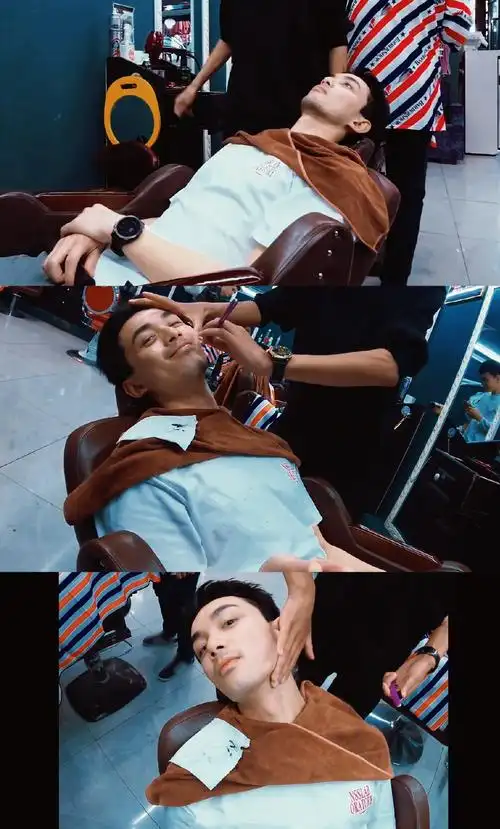 吴磊在街边理发店刮胡子 恭喜店主接好运