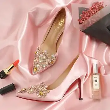 婚鞋女2018新品新娘鞋伴娘水晶鞋旗袍礼服高跟鞋细跟粉色单鞋 粉色7.