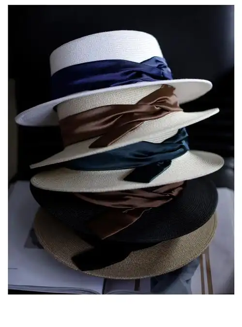 法国礼帽女法式新款平顶草帽女夏英伦风沙滩小礼帽防晒户外遮阳帽子凉