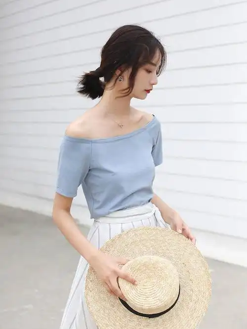 45|查看详情  哈果超人 性感修身漏肩一字肩上衣女 纯色衣服短袖