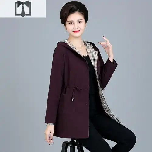 suntek妈妈秋装中长款风衣50岁60休闲中老年女装外套连帽薄纯色洋气