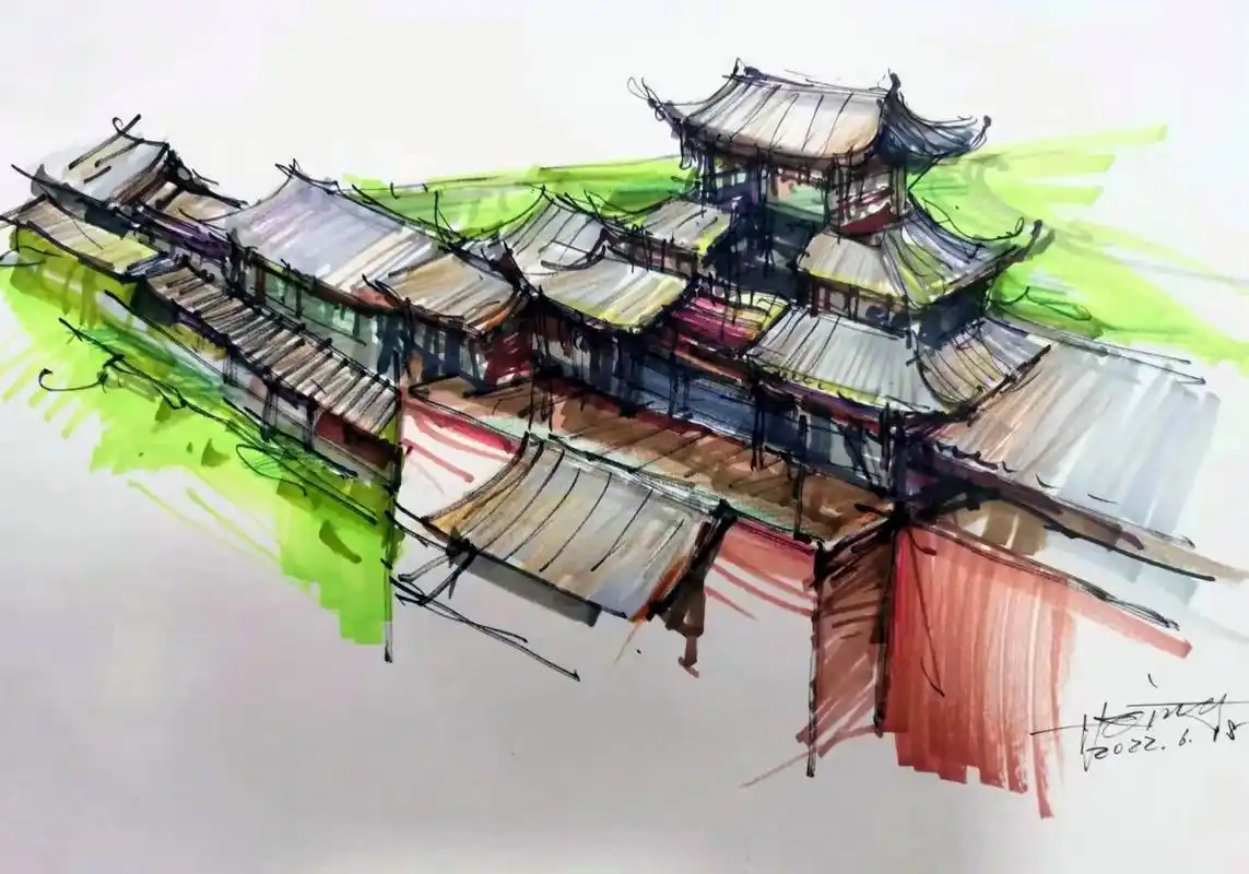 半小时马克笔速写濯水古镇.#马克笔手绘 #马克笔 #手绘#速 - 抖音