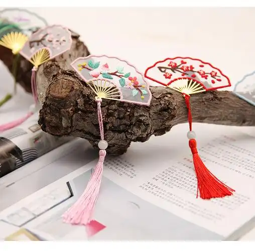 手工diy精美扇形书签自绣材料包古风流苏复古双面刺绣小礼品