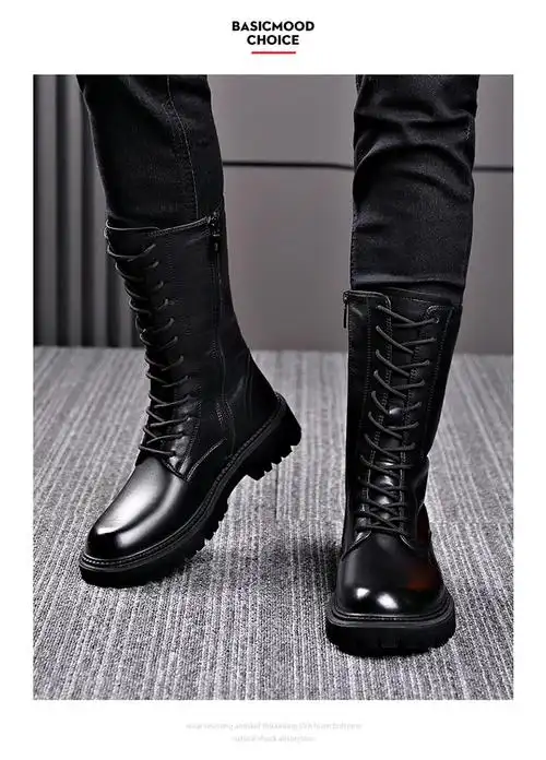 鹿凌青高端品牌冬季高筒长靴系带超长蒙古男士高帮加绒马丁靴骑马黑色