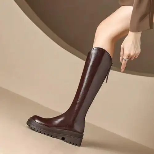 牛皮大筒围复古西部牛仔靴大码长筒靴41一43粗腿胖妹妹mm加肥高筒鞋