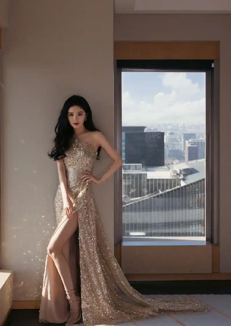 组图:杨幂一袭鎏金礼服裙秀大长腿 半露香肩红唇性感美艳