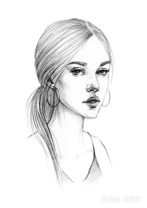 一个年轻漂亮的女孩的肖像素描,直发,可爱的外表,时尚的发型,耳环,环