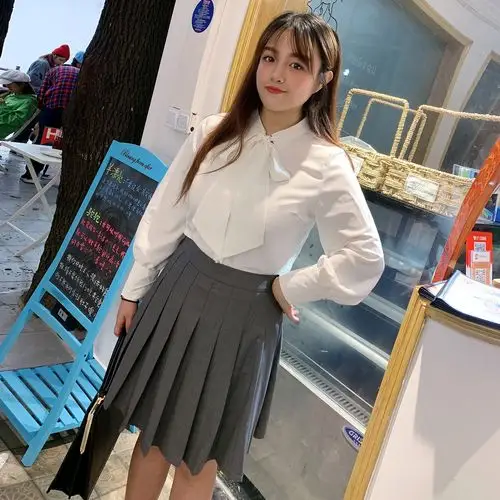 胖mm百褶裙a字半身裙 蝴蝶结衬衫上衣两件套优惠券