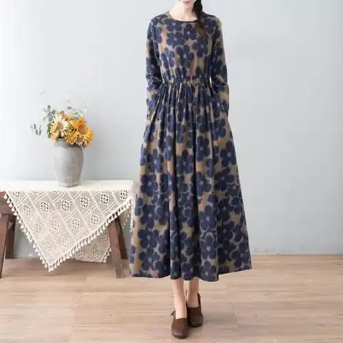 素订棉麻女装官方素素杭州秋季复古收腰显瘦印花连衣裙女长袖a字大摆