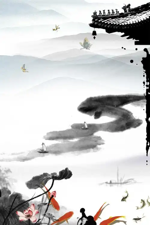 中国风水墨山水古典雅唯美背景图 psd模板ai海报设计素材中式插画