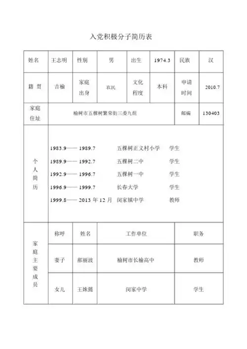 入党积极分子简历表 姓名王志明性别男出生1974.