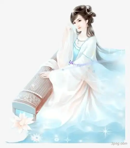 古风美女抚琴png素材透明免抠图片卡通手绘