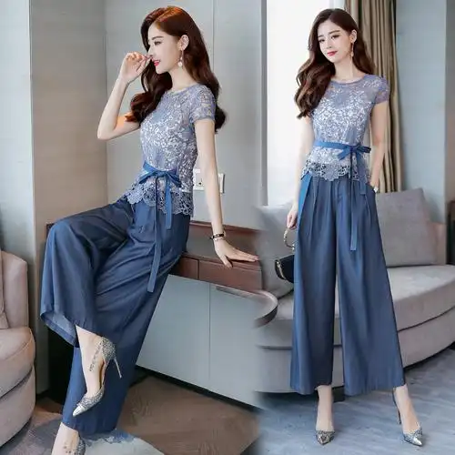 夏款套装女时尚两件套女士新品港味复古气质带阔腿裤套装女夏潮