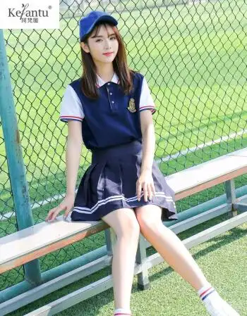 套装校服男女运动服短袖t恤演出服工作jk制服 女藏青上衣白袖口 蓝裙