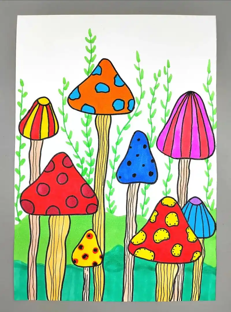 彩色的蘑菇创意线描画,简单好看,快来试试吧#图文伙伴计划 # - 抖音