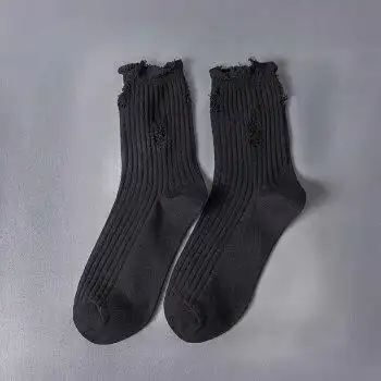 破洞袜子女中筒袜春秋冬季ins潮外穿个性网红 黑色 均码