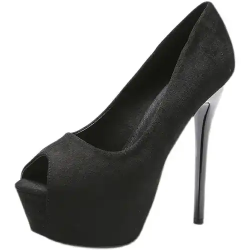 2022年新款夏季高跟鞋女细跟12cm防水台职业黑色浅口百搭鱼嘴单鞋