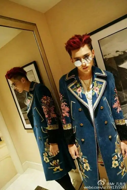 演唱会服装男 演出服_吴亦凡跨年演唱会明星同款男风衣韩版刺绣中长款