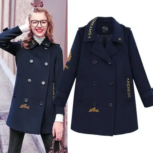 mg小象2017秋冬新款直筒英文刺绣显瘦呢子大衣女中长款毛呢外套