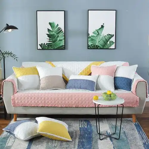 欧式简约文艺素色拼接撞色条秋冬沙发垫舒适型布艺沙发套