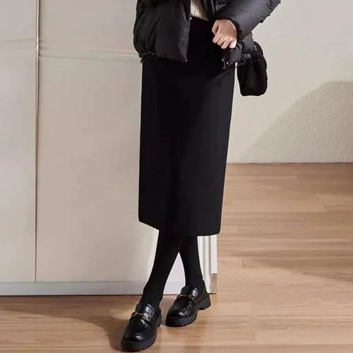 春秋黑色直筒毛呢半身裙女秋冬新款中长裙高腰显瘦职业包臀一步裙