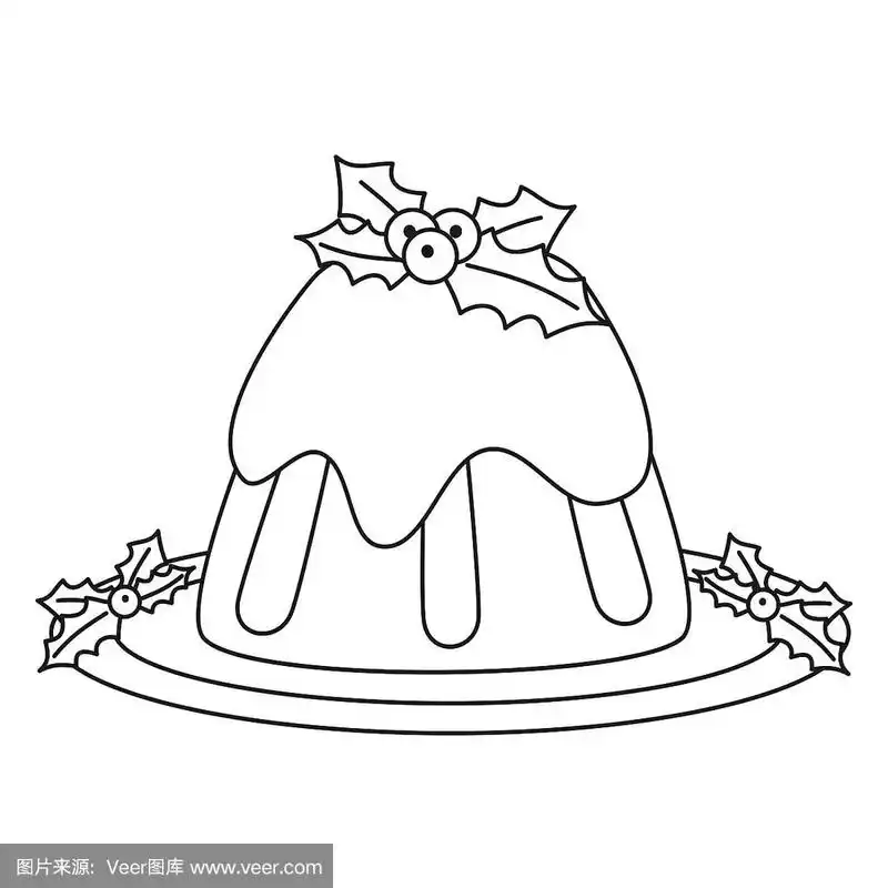 卡通矢量黑白圣诞布丁插图着色艺术