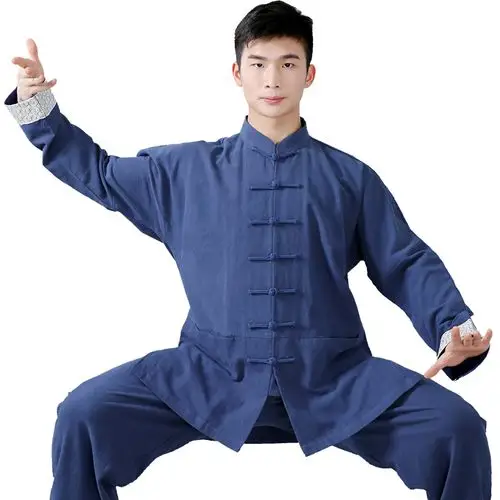 亚麻绉太极服秋季中国风武术表演服装男练功服中老年晨练太极拳服