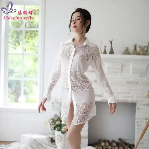 大码透视蕾丝秘书衬衫情趣内衣性感镂空诱惑中长款睡衣女一件代发