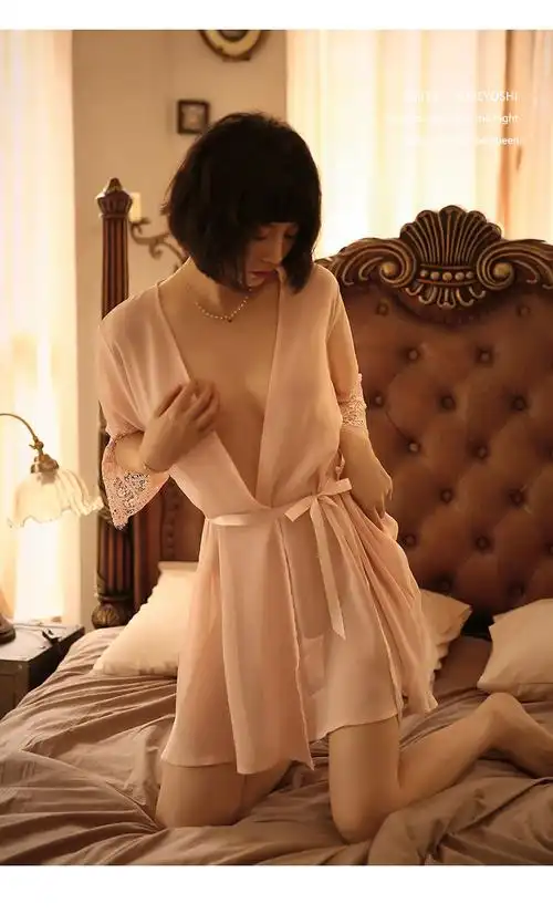 性感睡裙女网纱开衫式蕾丝袖睡袍透视性感诱惑挑逗家居服透明睡裙