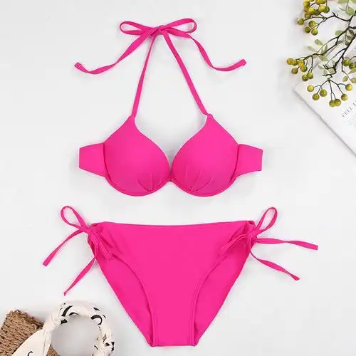沙滩度假pink粉玫红比基尼泳衣女钢托聚拢大小胸性感三点式泳装