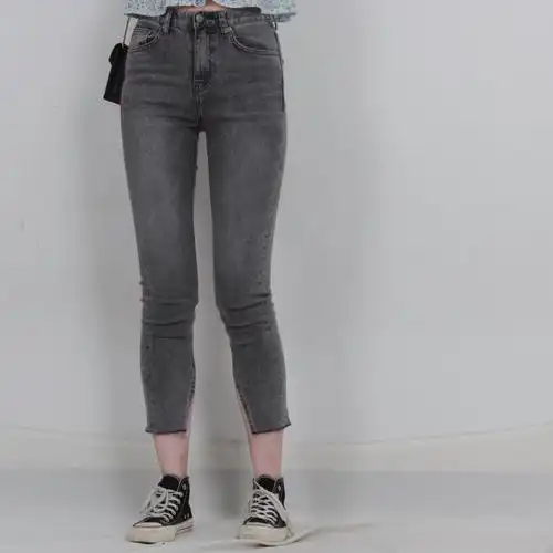 夏装新款风中高腰修身灰色牛仔裤044kg牛仔裤