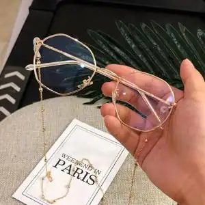 多边形网红带链条近视眼镜框女韩版潮复古原宿风男金丝边超轻ins