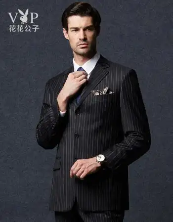 花花公子vip 西服套装 男 时尚商务男士正装 单排扣三粒扣 条纹西装