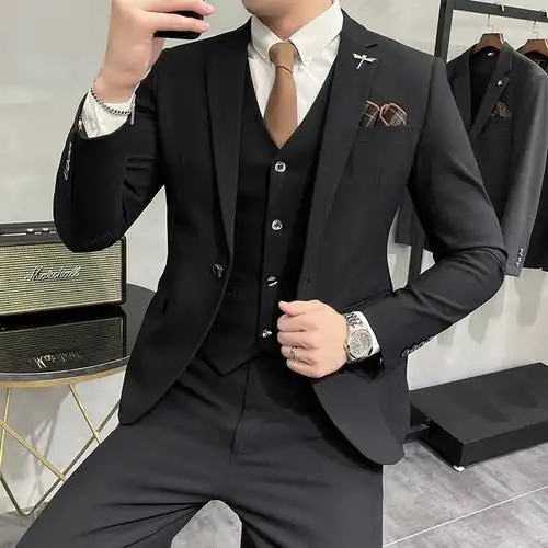 kang休闲大码男装纯色西服套装男士三件套修身帅气新郎结婚礼服西装潮