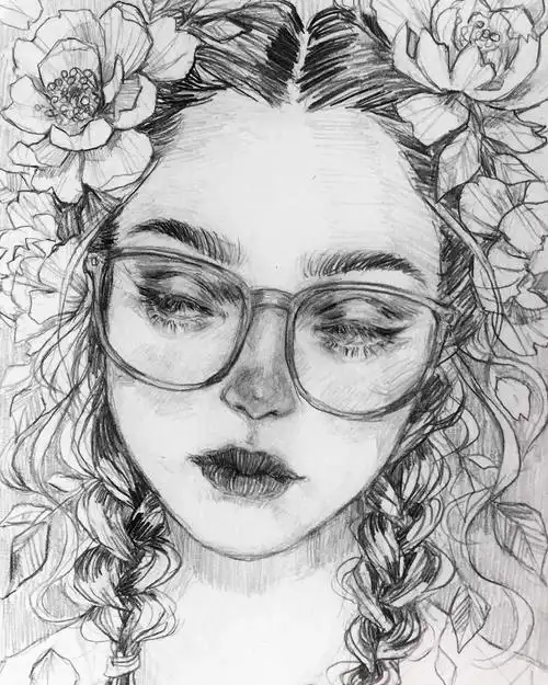 森系灵动的女孩素描线稿