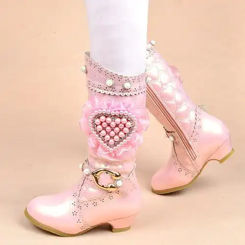 儿童靴子2017秋冬款女童高跟靴女孩公主加绒雪地棉靴韩版高筒长靴