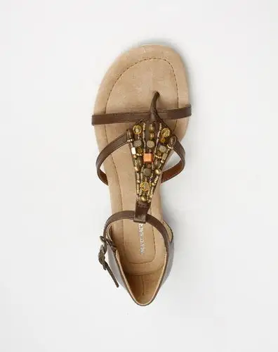 智鹰 啡色绣珠粒牛皮凉鞋