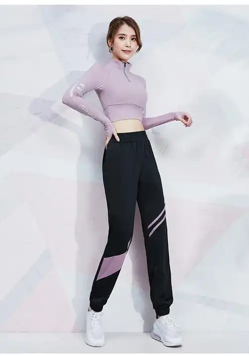 速干宽松运动裤女拼色透气休闲长裤束脚瑜伽跑步健身裤黑拼浅紫for