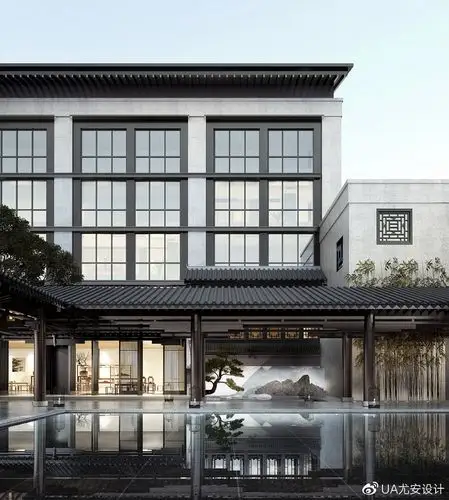 酒店外观设计采用对传统书院建筑语汇进行符合当代审美的转译和发展