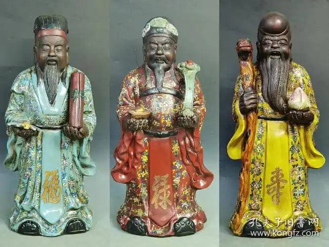 旧藏清代紫砂加彩福禄寿三星一套