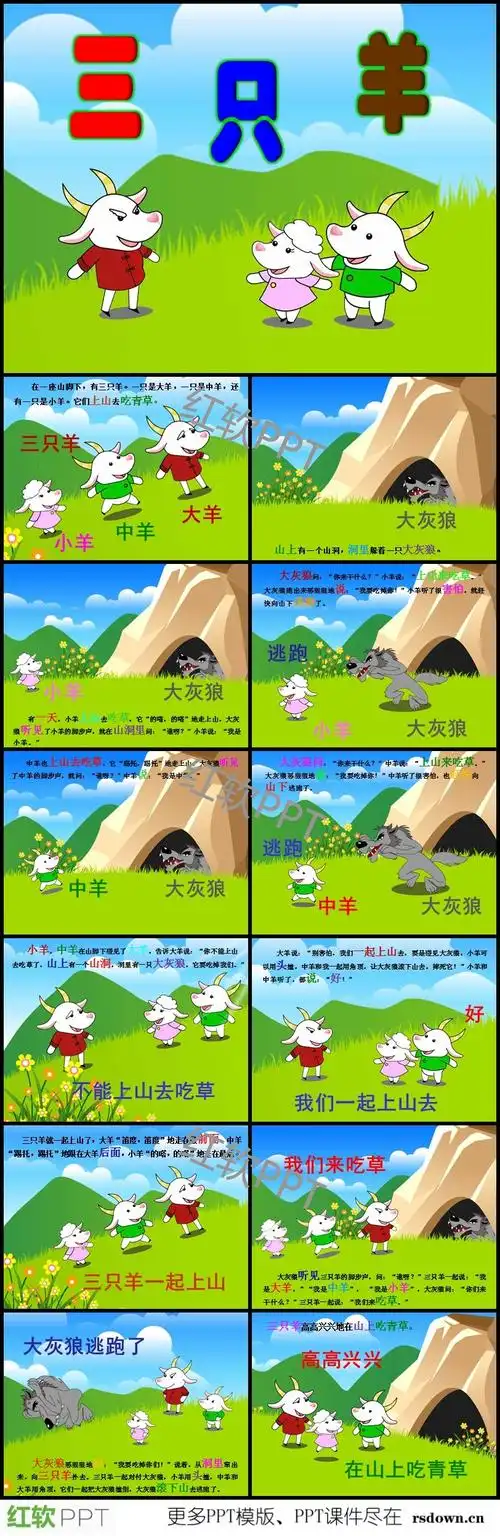 包括了在一座山脚下,有三只羊,一只是大羊,一只是中羊,还有一只是小羊