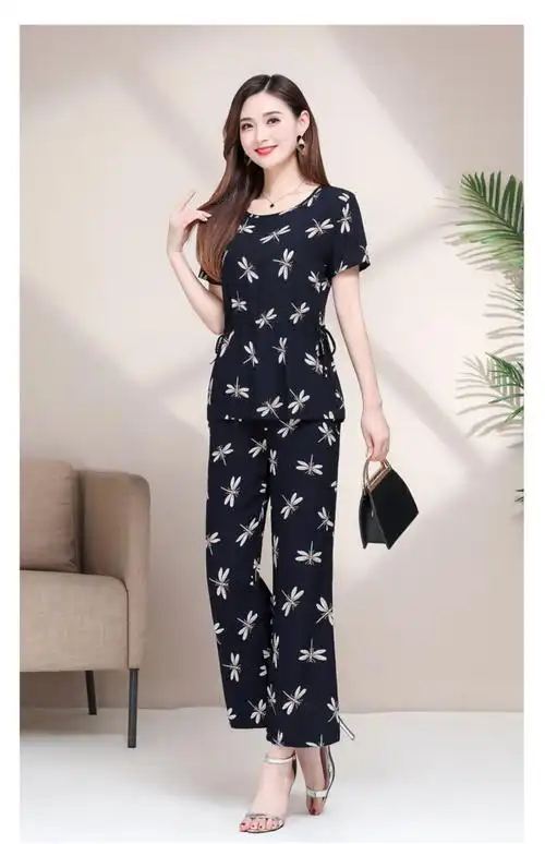 人造棉绸套装女时尚可外穿夏季新款妈妈洋气短袖微喇九分裤两件套