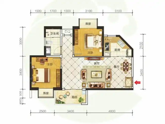 大都锦城80户型-大都锦城221厨1约80平方米户型图-精装修-南-北海源浩